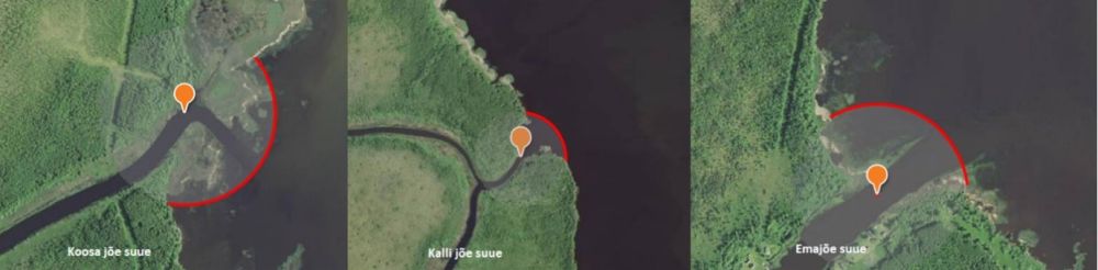 Joonis 3. Koosa jõe, Kalli jõe ja Emajõe suudmed. Oranž märk tähistab jõe suudme asukohta, punane joon tähistab keeluala piiri