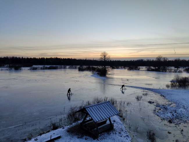 Õhtused kelgutajad Halliste jõe luhal